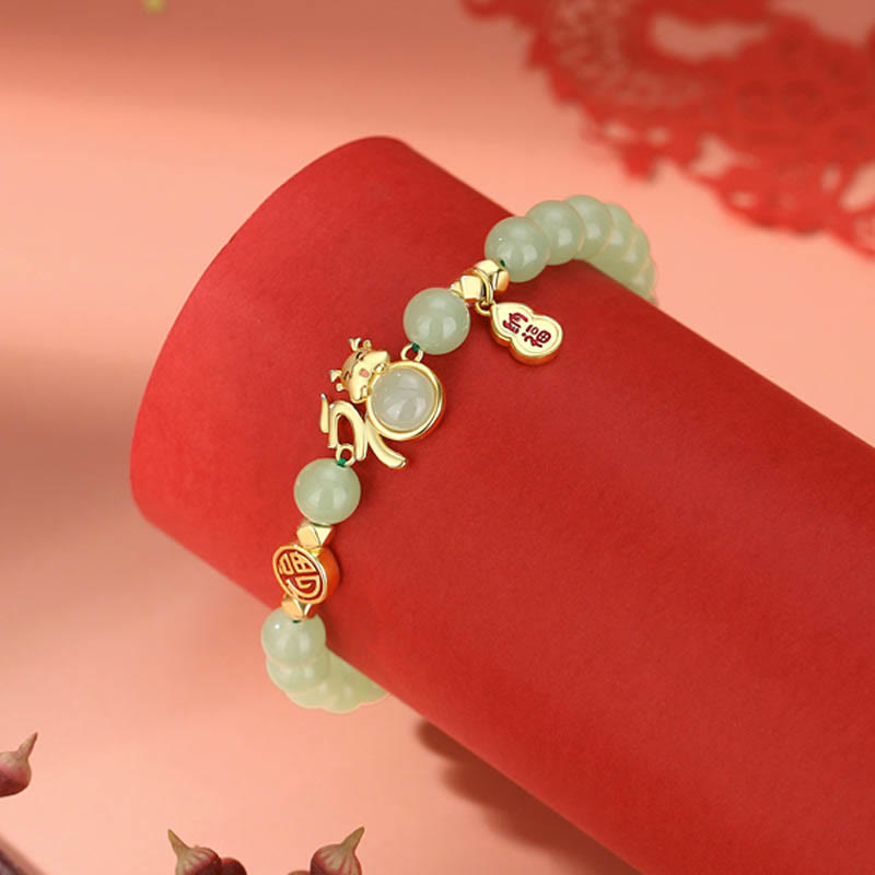 925 Sterling Silver Jade Bracelet with Fu Luck Gourd - Dragon Year