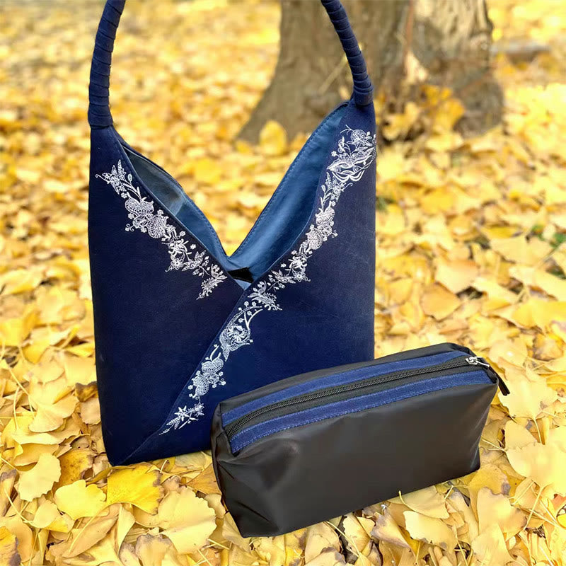 Handmade Embroidered Canvas Tote Bag Set with Spiritual Pattern