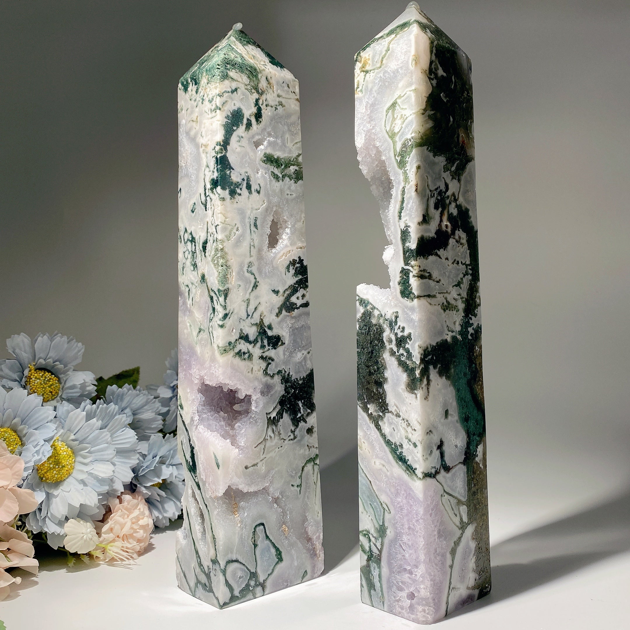 32cm Amethyst & Moss Agate Crystal Tower for Healing