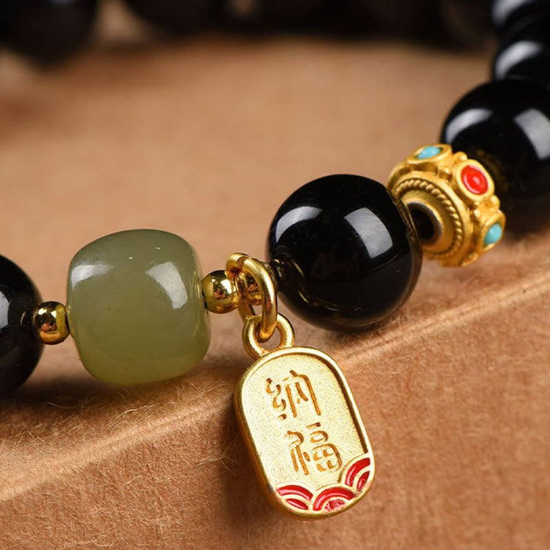 Black Onyx & Hetian Jade Lucky Fortune 8mm Bracelet