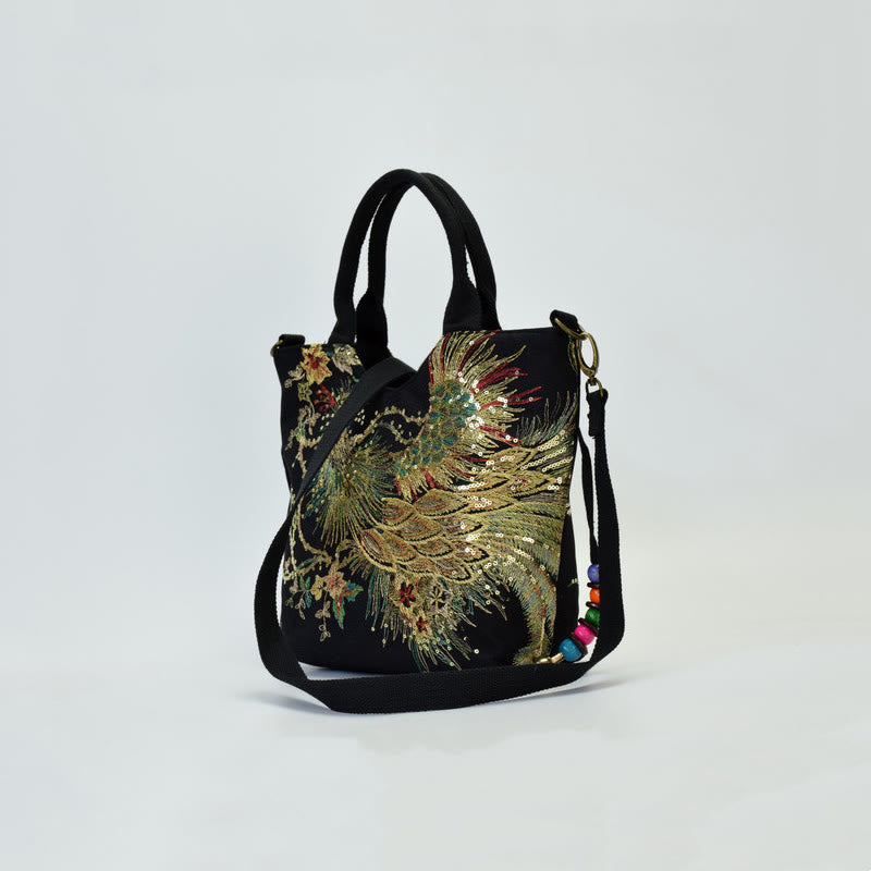Peacock Embroidered Tote Bag | Canvas Shoulder Crossbody