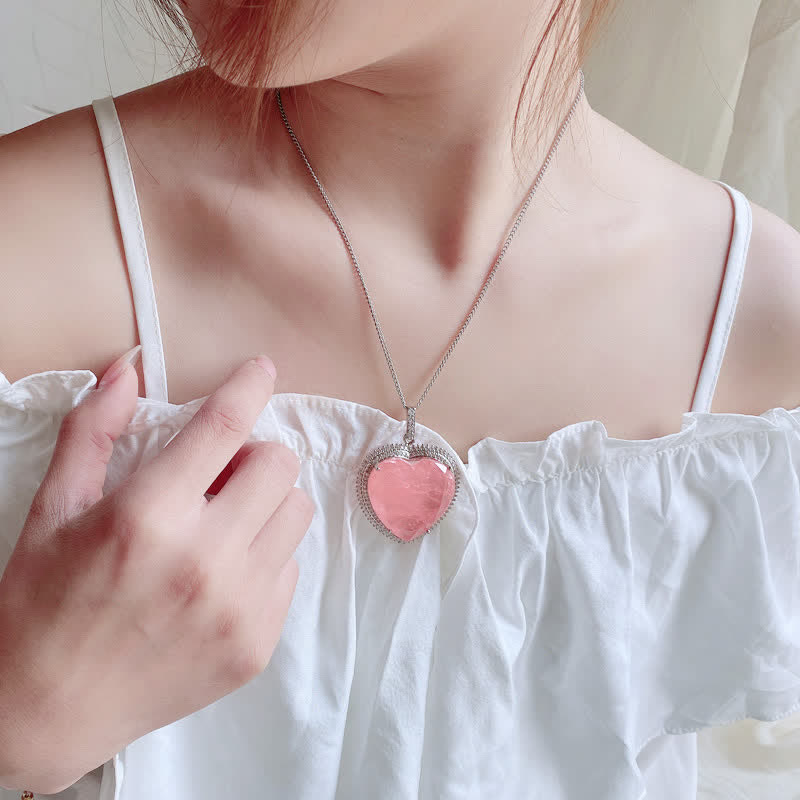 32mm Rose Quartz Heart Necklace for Love & Healing
