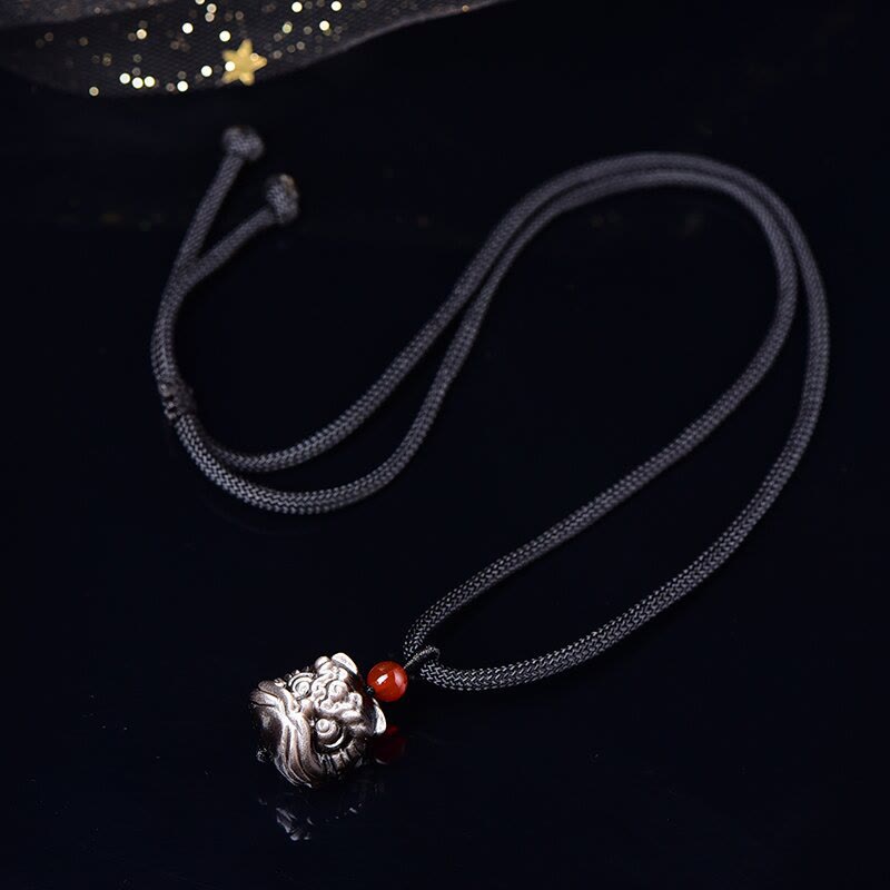 Silver Sheen Obsidian Dancing Lion Protection Necklace Unisex