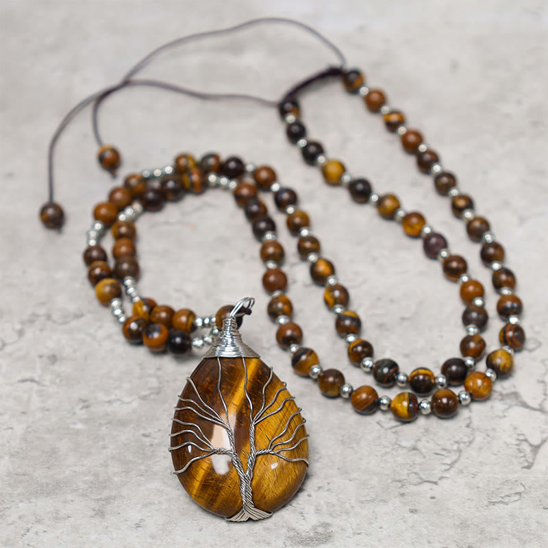 Natural Tiger Eye Strength Beaded Pendant Necklace 70cm