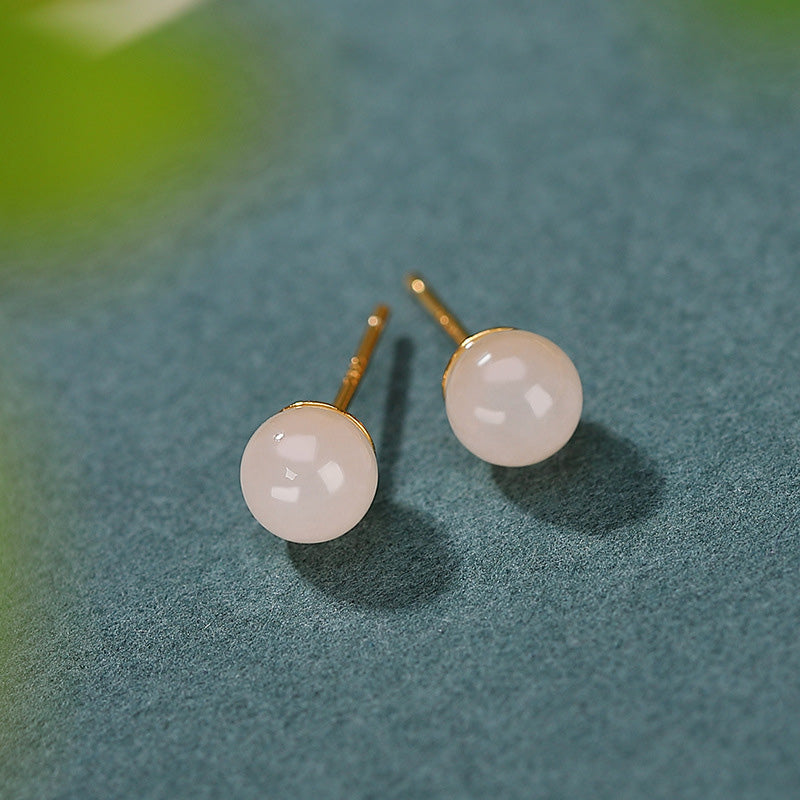 925 Sterling Silver White Jade Blessing Stud Earrings 6mm to 10mm