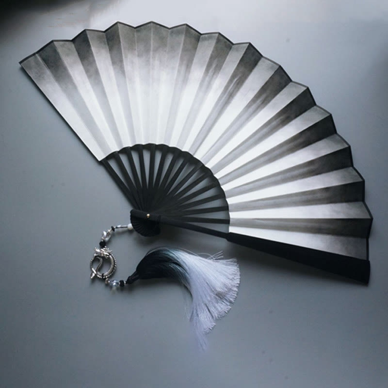 33cm Black White Ink Gradient Folding Fan with Bamboo Frame