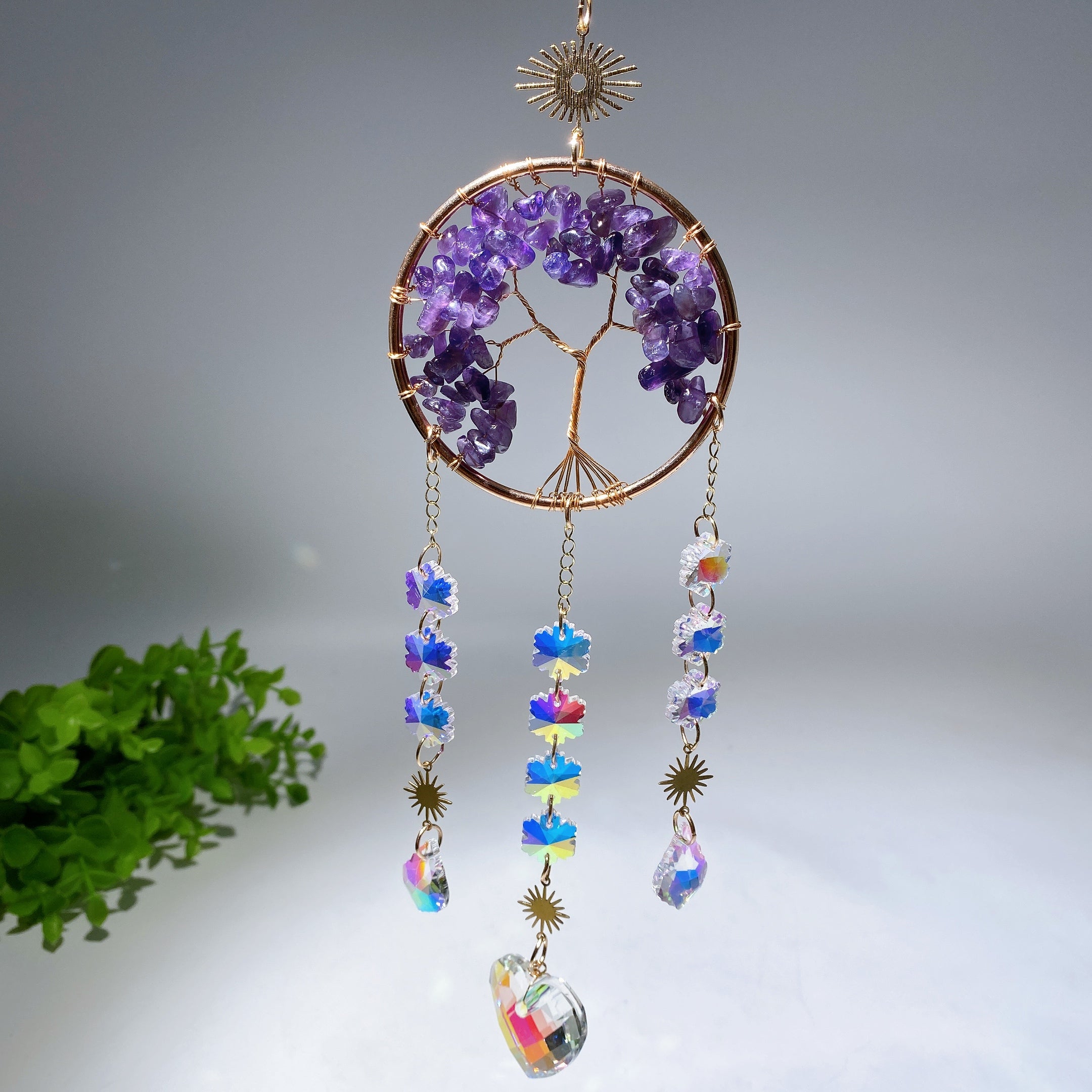 33cm Crystal Chips Golden Life Tree Suncatcher for Spiritual Healing