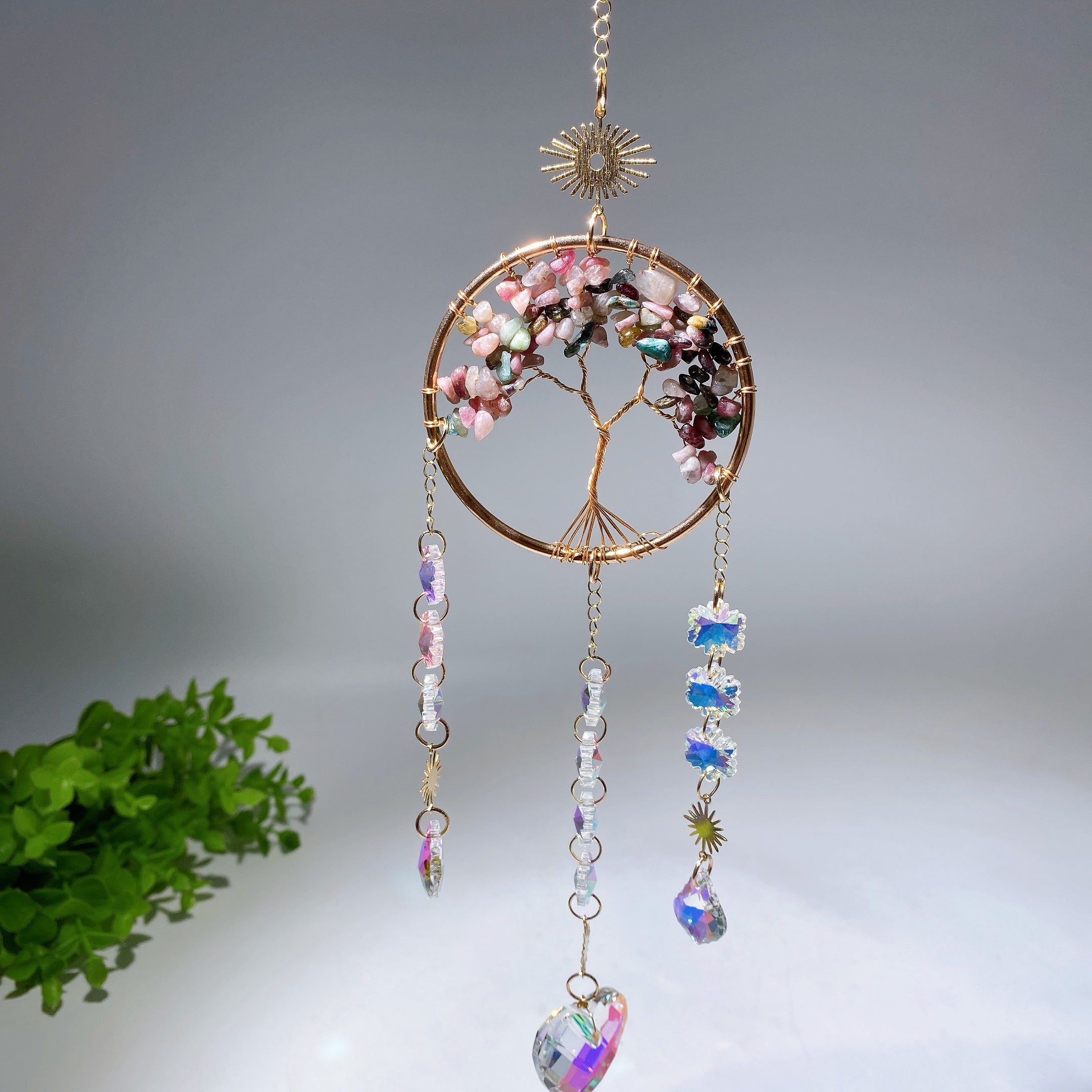 33cm Crystal Chips Golden Life Tree Suncatcher for Spiritual Healing