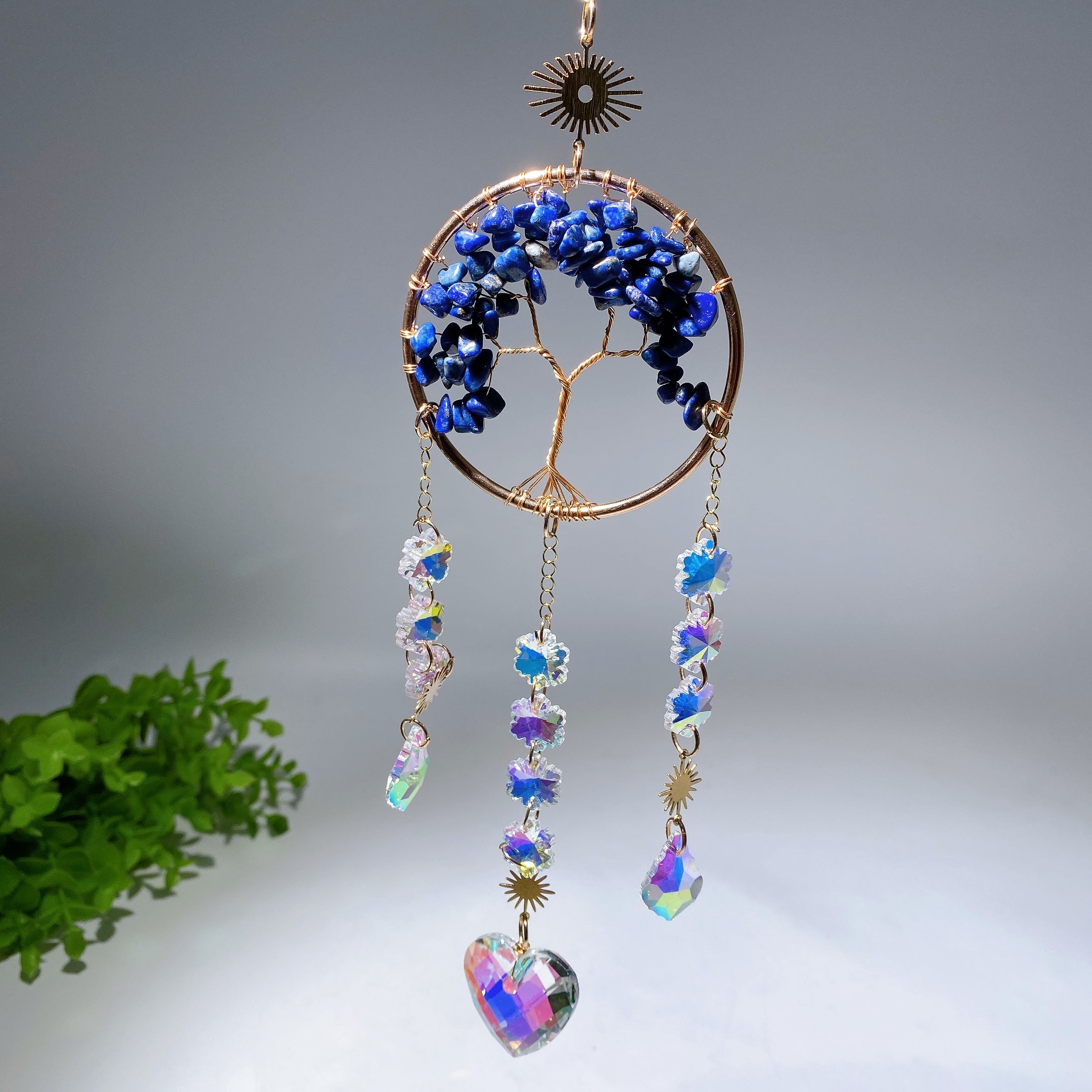 33cm Crystal Chips Golden Life Tree Suncatcher for Spiritual Healing