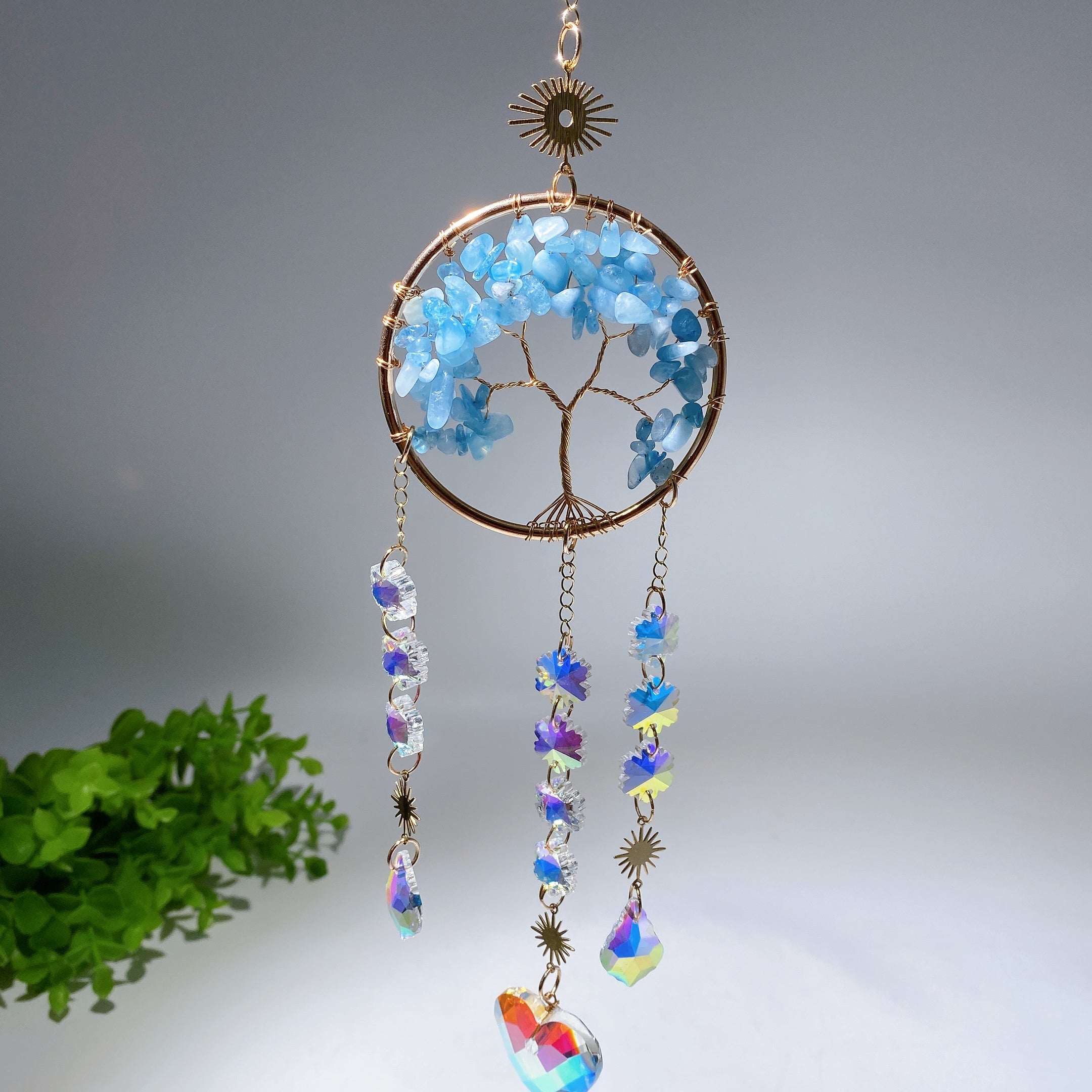 33cm Crystal Chips Golden Life Tree Suncatcher for Spiritual Healing