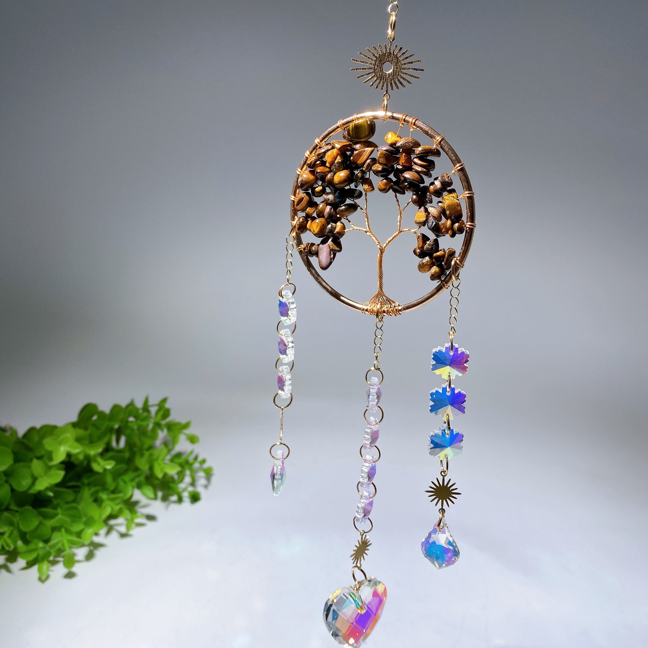 33cm Crystal Chips Golden Life Tree Suncatcher for Spiritual Healing