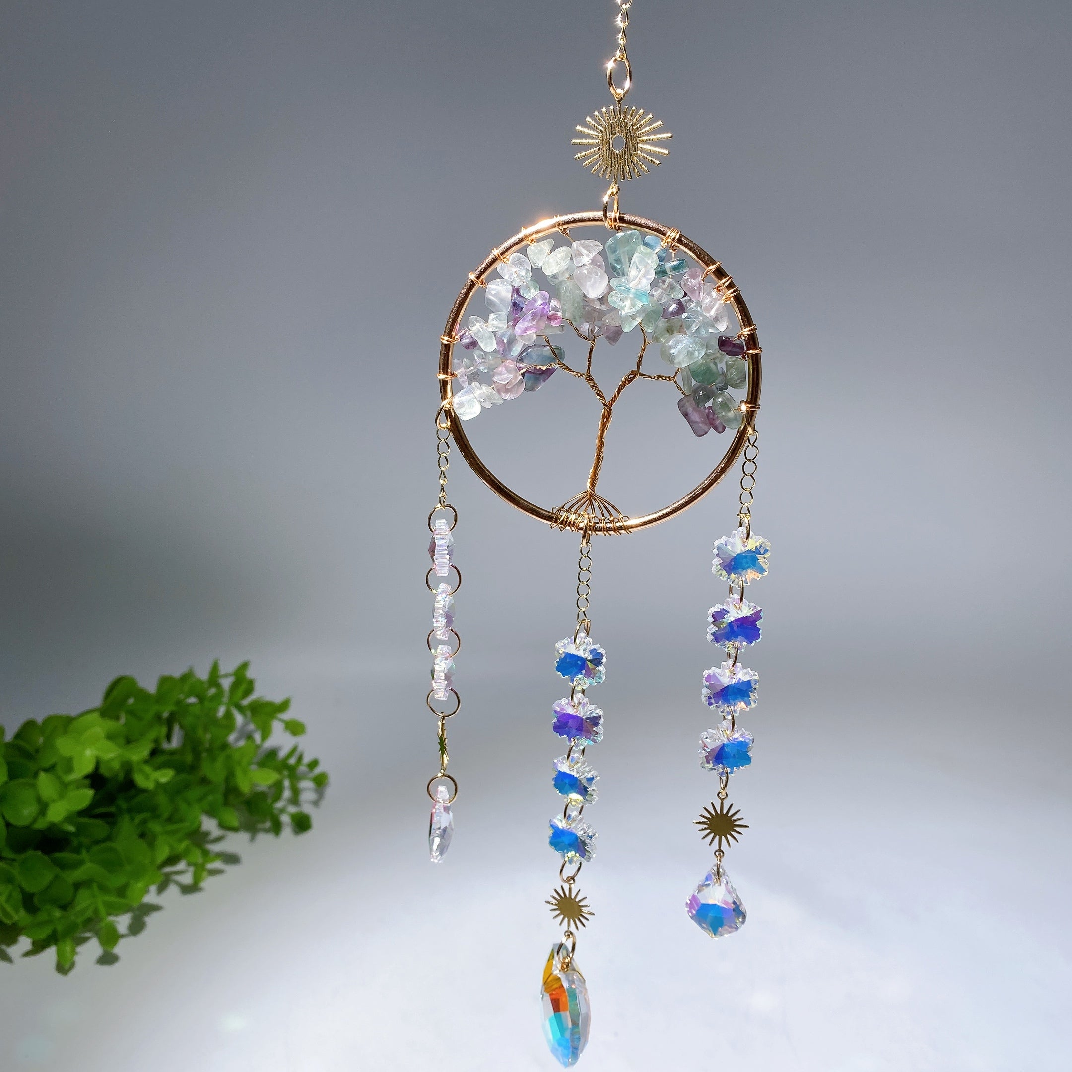 33cm Crystal Chips Golden Life Tree Suncatcher for Spiritual Healing