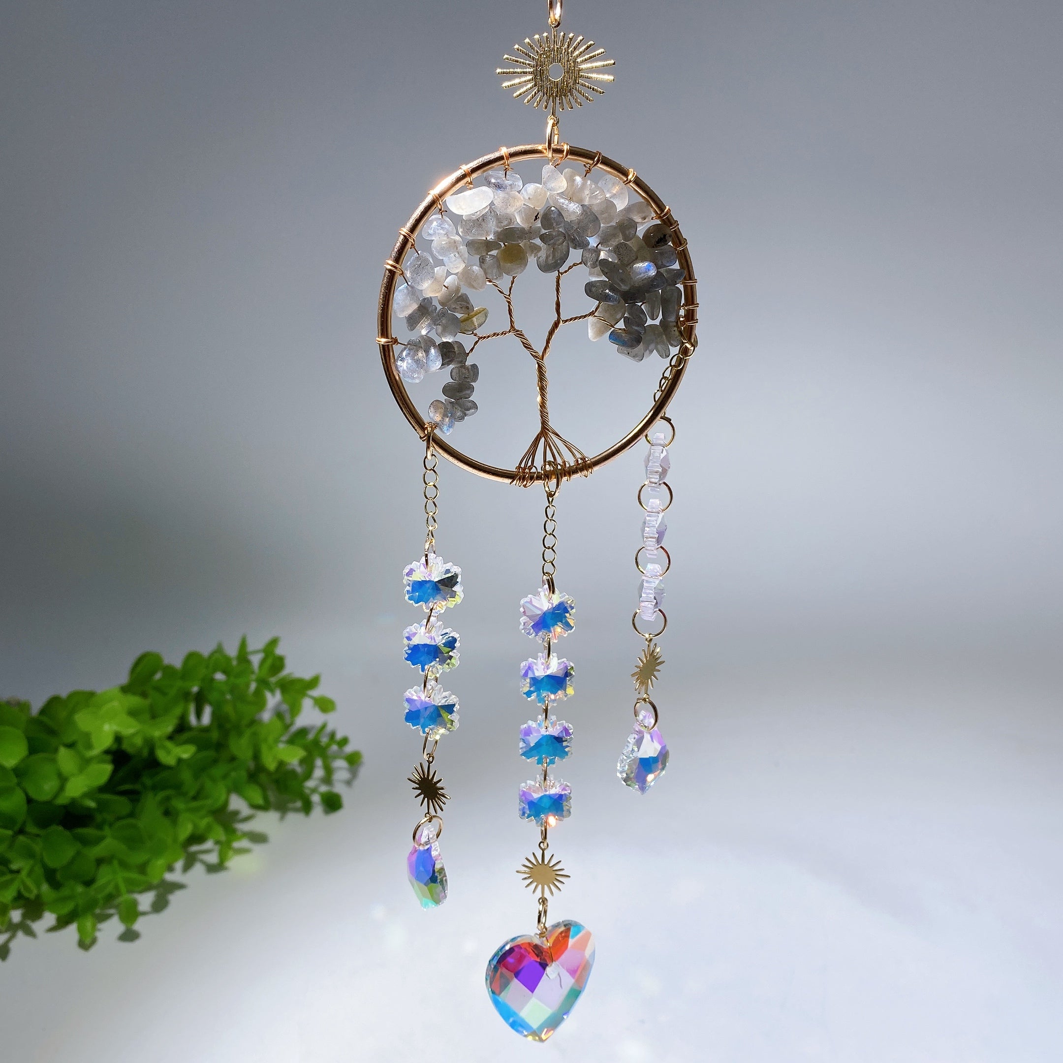 33cm Crystal Chips Golden Life Tree Suncatcher for Spiritual Healing