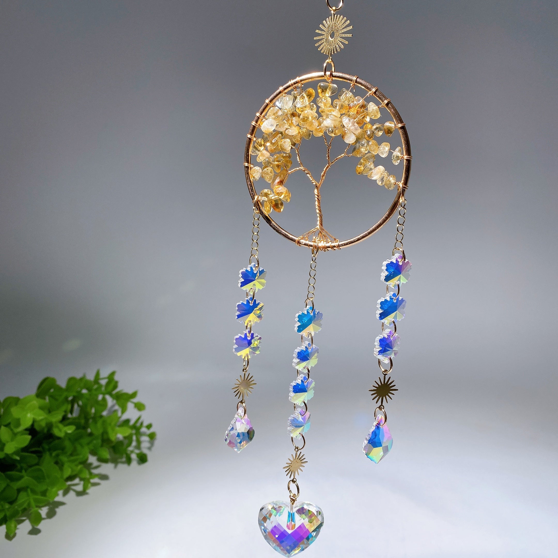 33cm Crystal Chips Golden Life Tree Suncatcher for Spiritual Healing