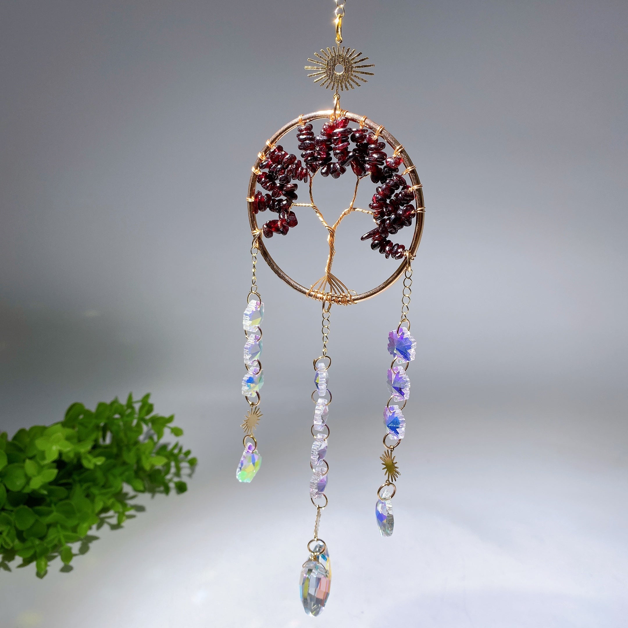 33cm Crystal Chips Golden Life Tree Suncatcher for Spiritual Healing