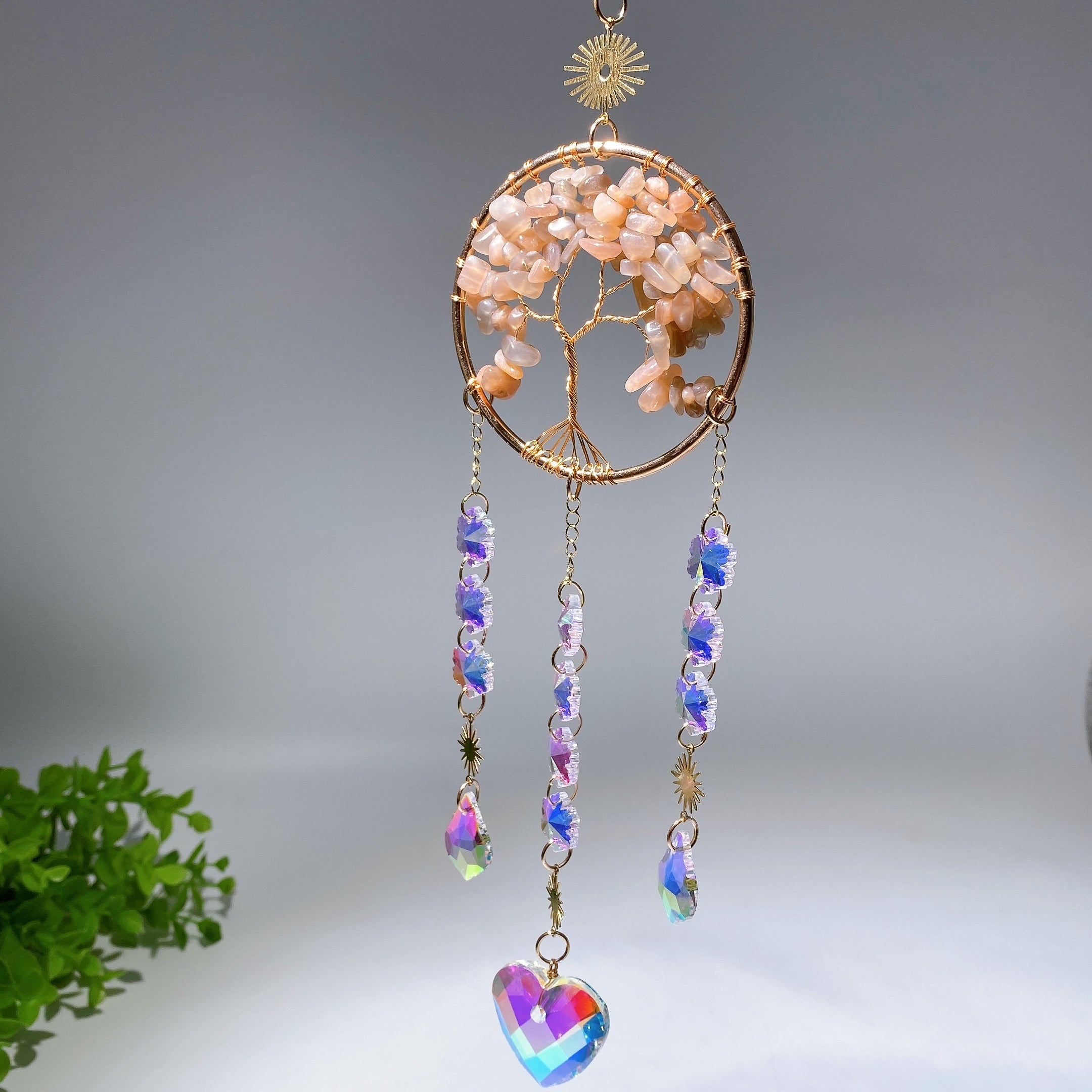 33cm Crystal Chips Golden Life Tree Suncatcher for Spiritual Healing