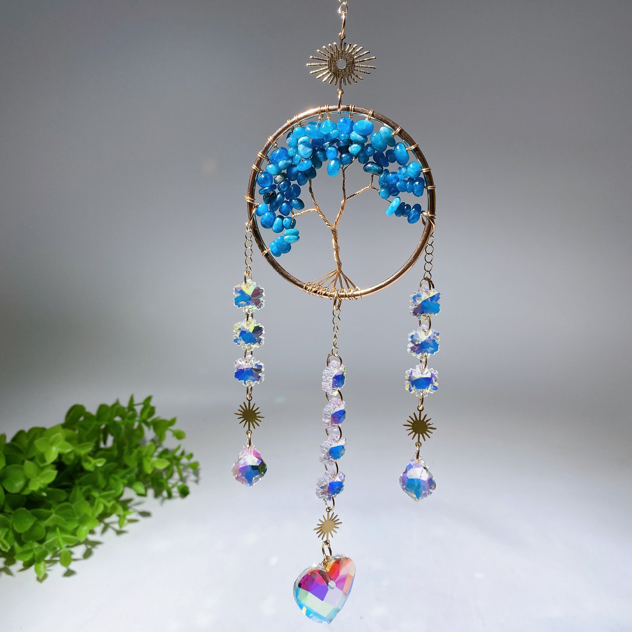 33cm Crystal Chips Golden Life Tree Suncatcher for Spiritual Healing