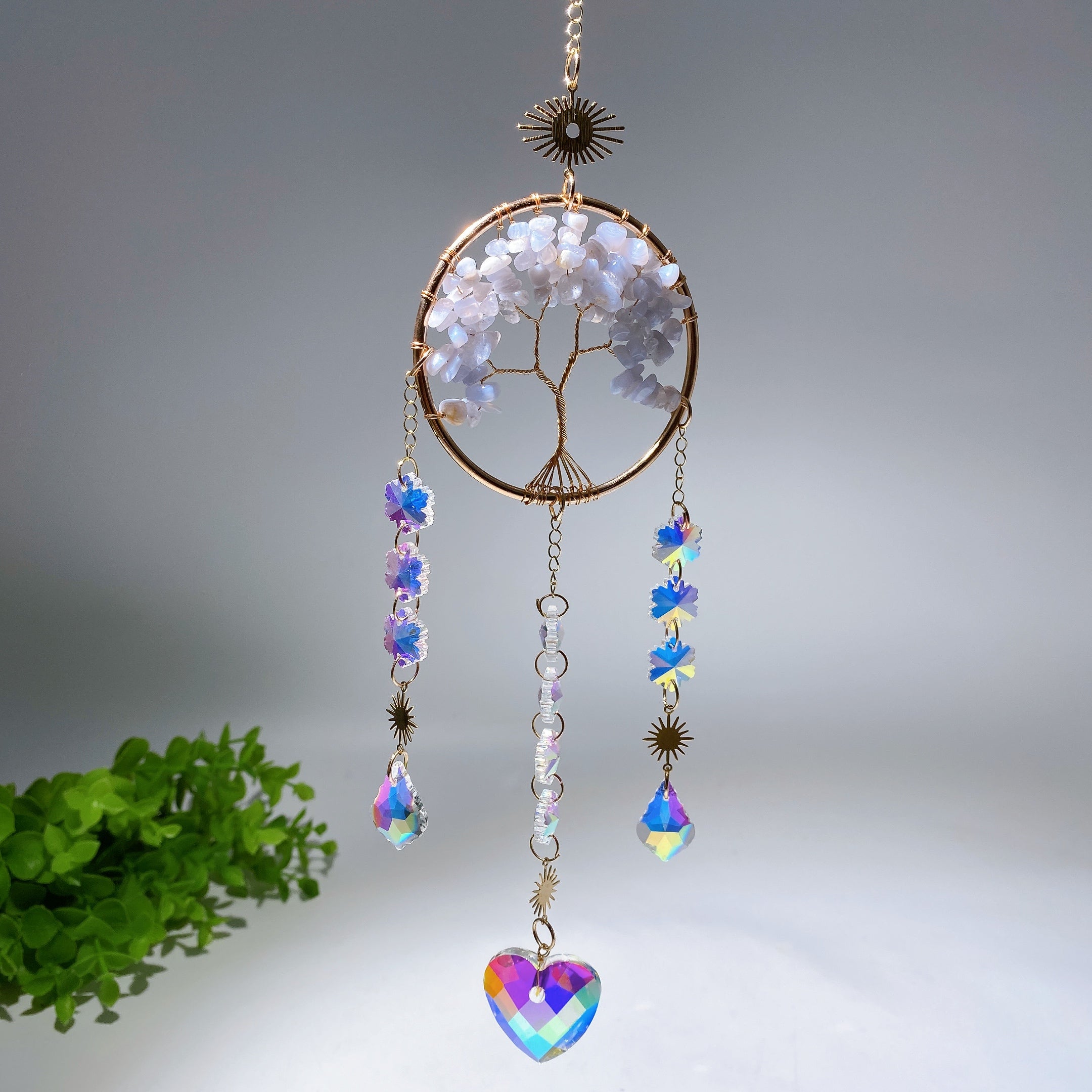 33cm Crystal Chips Golden Life Tree Suncatcher for Spiritual Healing
