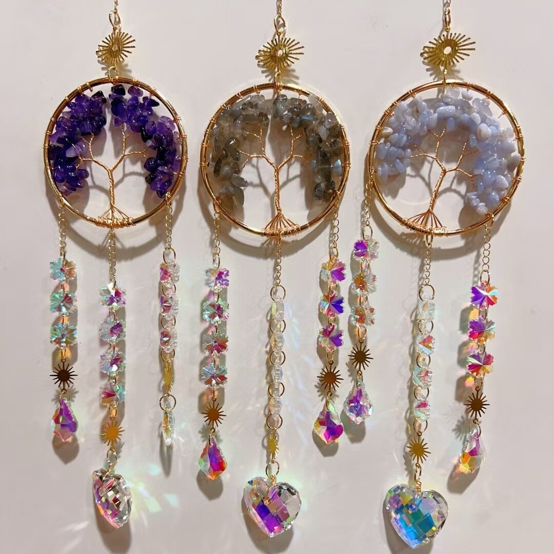 33cm Crystal Chips Golden Life Tree Suncatcher for Spiritual Healing
