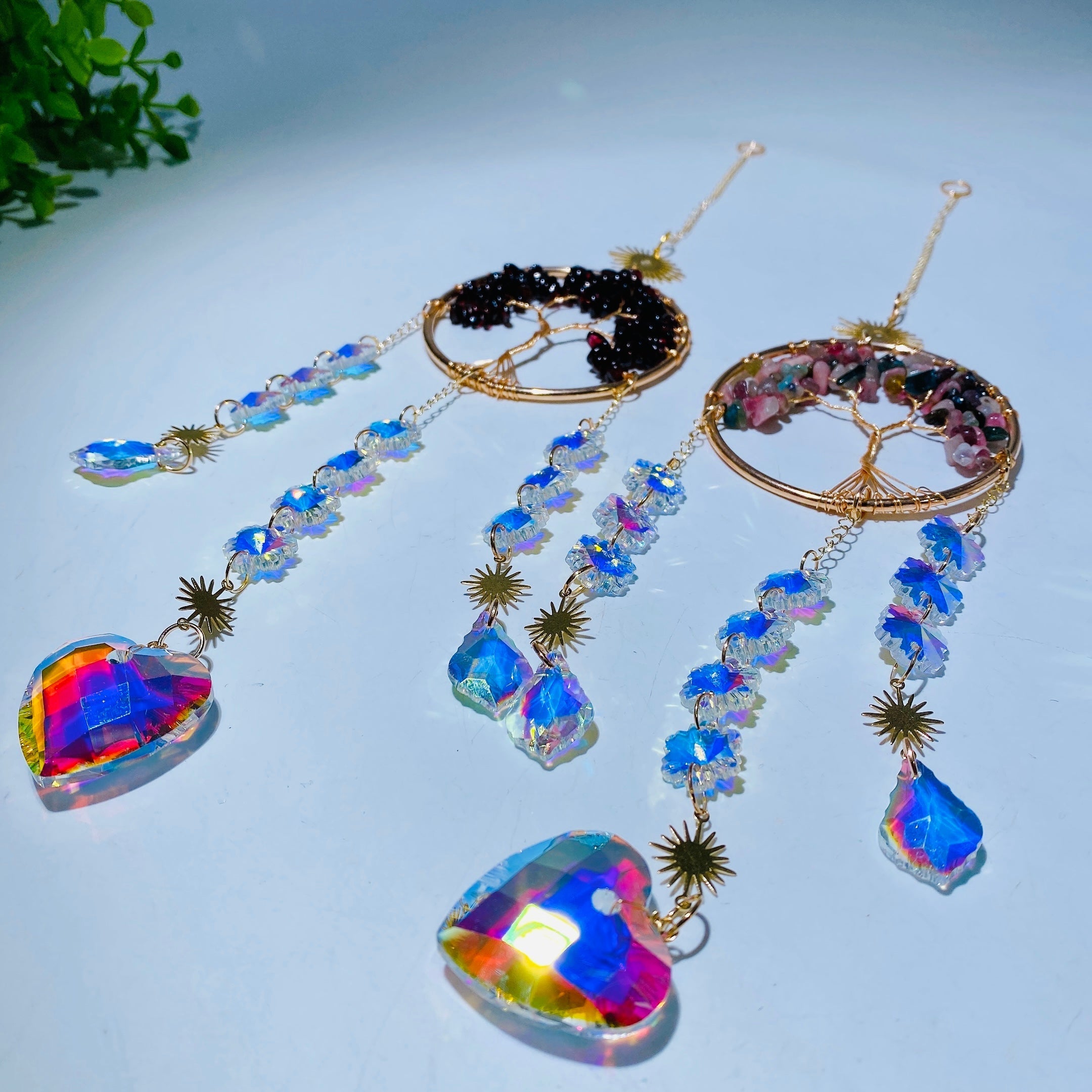 33cm Crystal Chips Golden Life Tree Suncatcher for Spiritual Healing