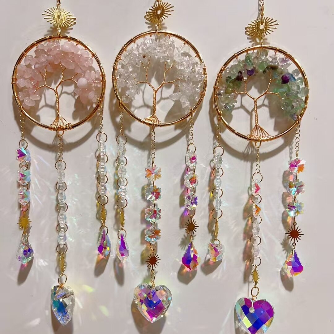 33cm Crystal Chips Golden Life Tree Suncatcher for Spiritual Healing