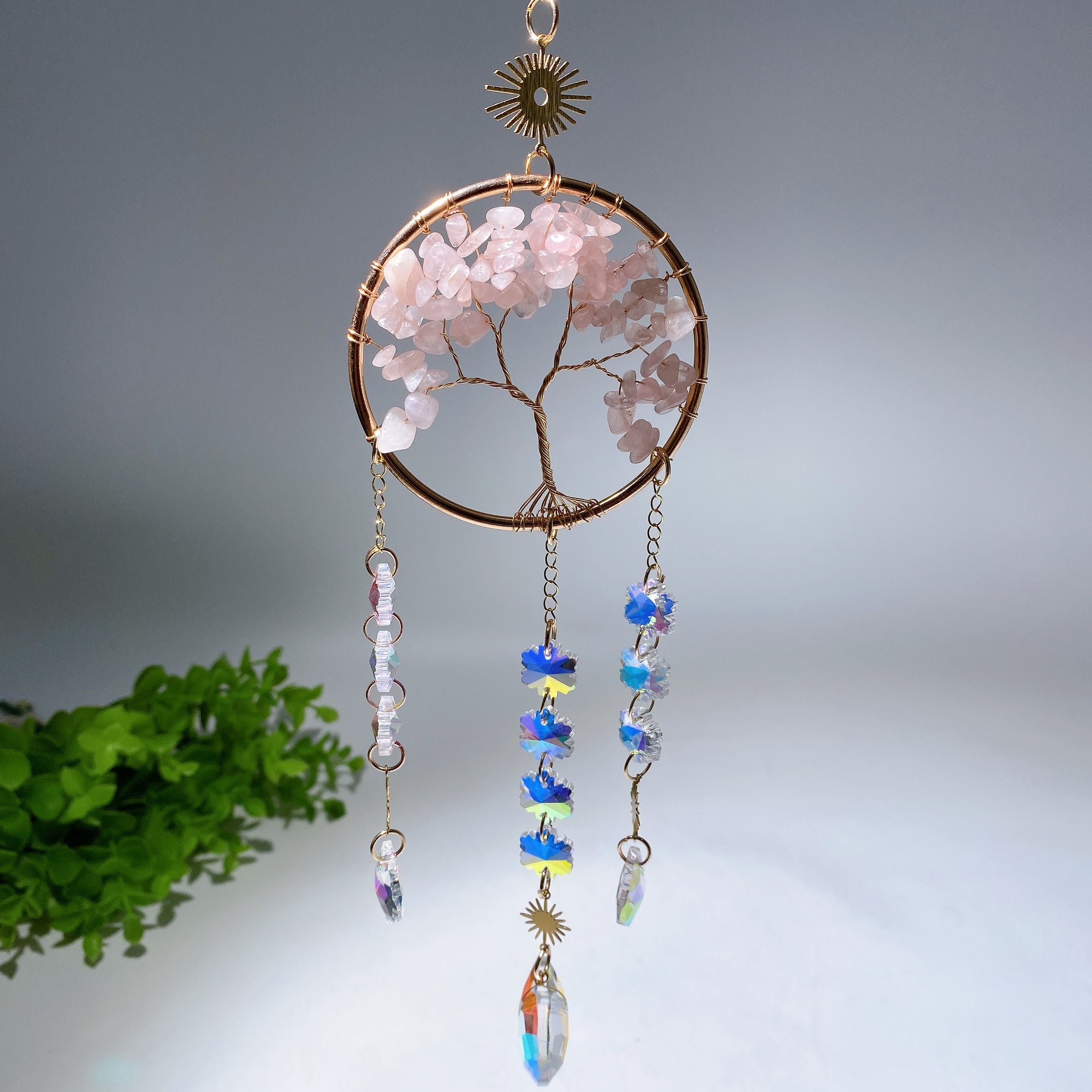 33cm Crystal Chips Golden Life Tree Suncatcher for Spiritual Healing