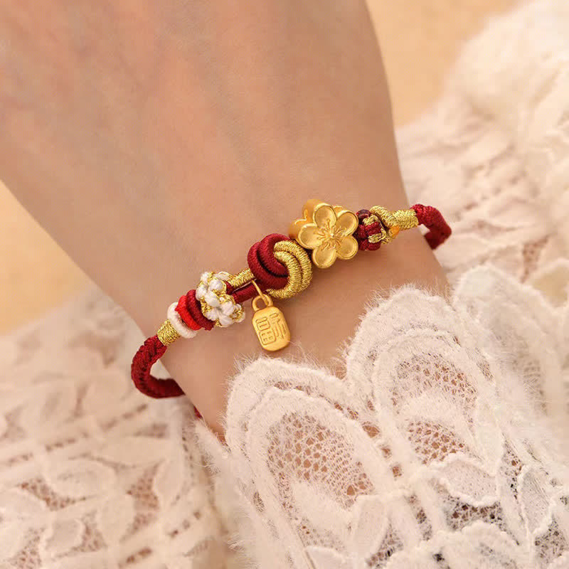 Red String Bracelet with Peach Blossom Charm for Luck & Protection