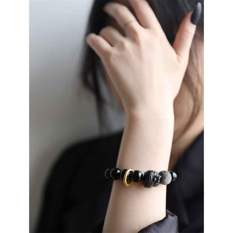 12mm Black Obsidian Lion Strength Empowerment Bracelet