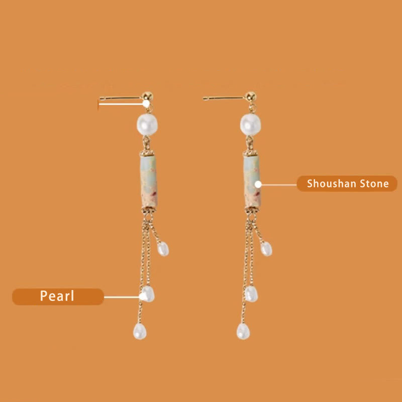 925 Sterling Silver Shoushan Stone Pearl Healing Drop Earrings
