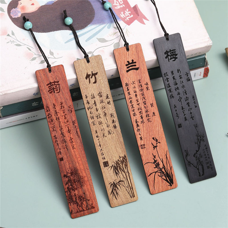 Wooden Zen Decor Bookmark with Plum Orchid Bamboo Chrysanthemum Motifs