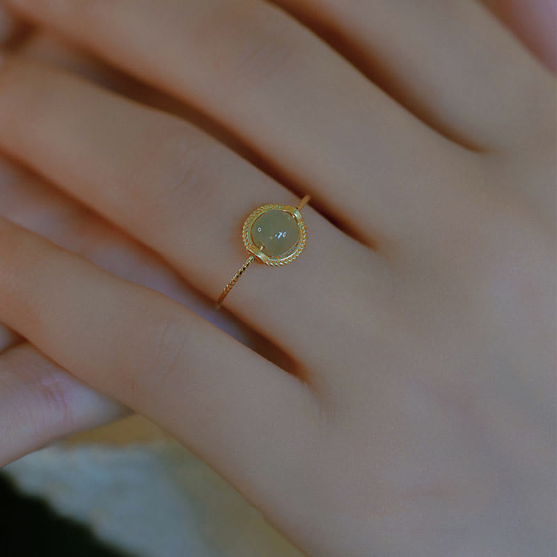Adjustable 14K Gold Plated Jade Ring for Luck & Prosperity