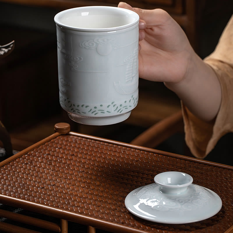 420ml Jingdezhen Porcelain Zen Tea Cup with Dragon Phoenix Design