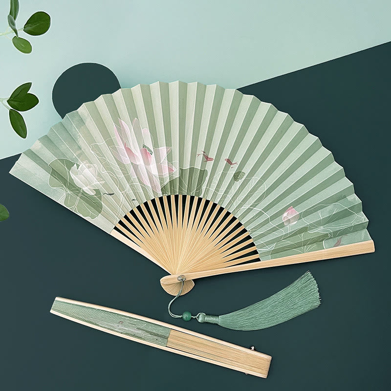 Lotus Flower Chinese Folding Fan with Bamboo & Paper