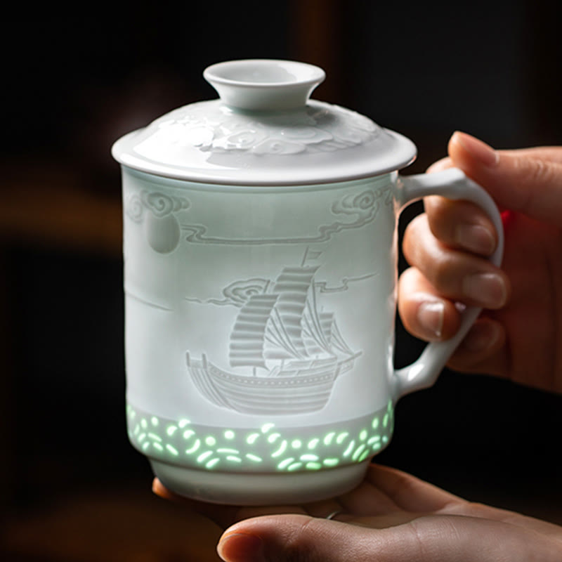 420ml Jingdezhen Porcelain Zen Tea Cup with Dragon Phoenix Design