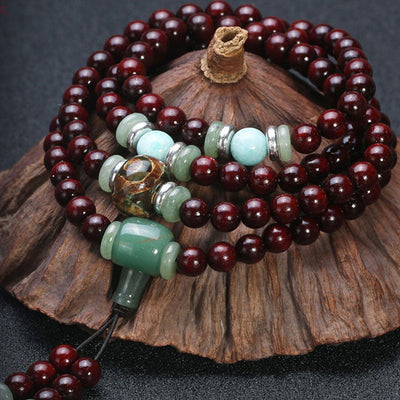 108 Bead Mala Bracelet | Red Sandalwood Green Aventurine Amazonite