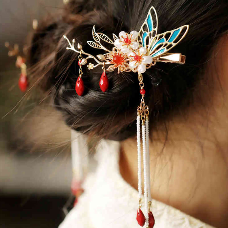 Red Flower Butterfly Pearl Tassel Hair Clip Comb Crown, Spiritual Jewelry