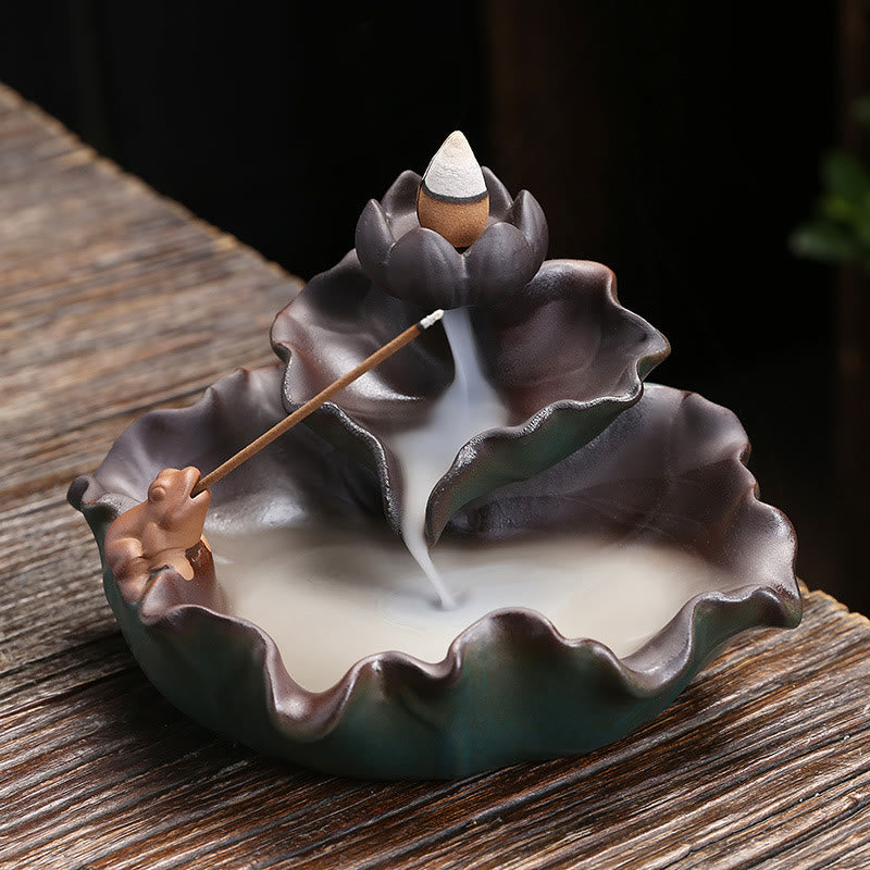 Ceramic Incense Burner Lotus Flower Frog Butterfly Decor
