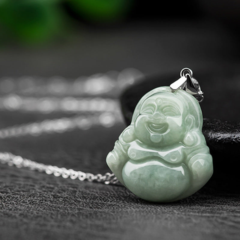 925 Sterling Silver Jade Laughing Buddha Necklace for Prosperity