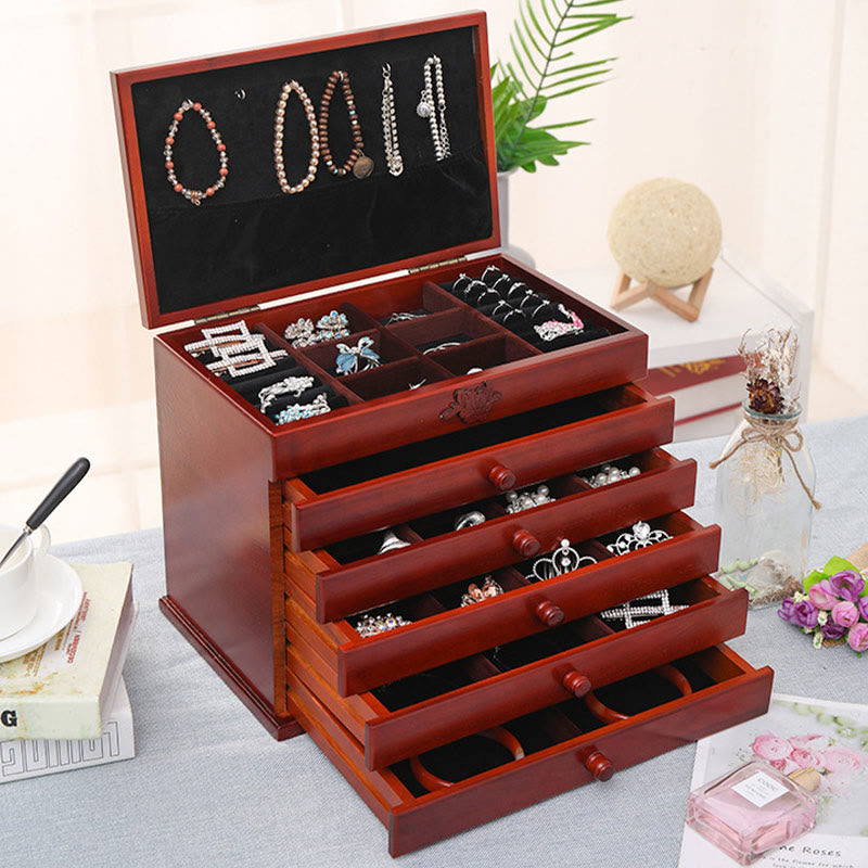 Spacious Six-Layer Vintage Flower Wooden Jewelry Box