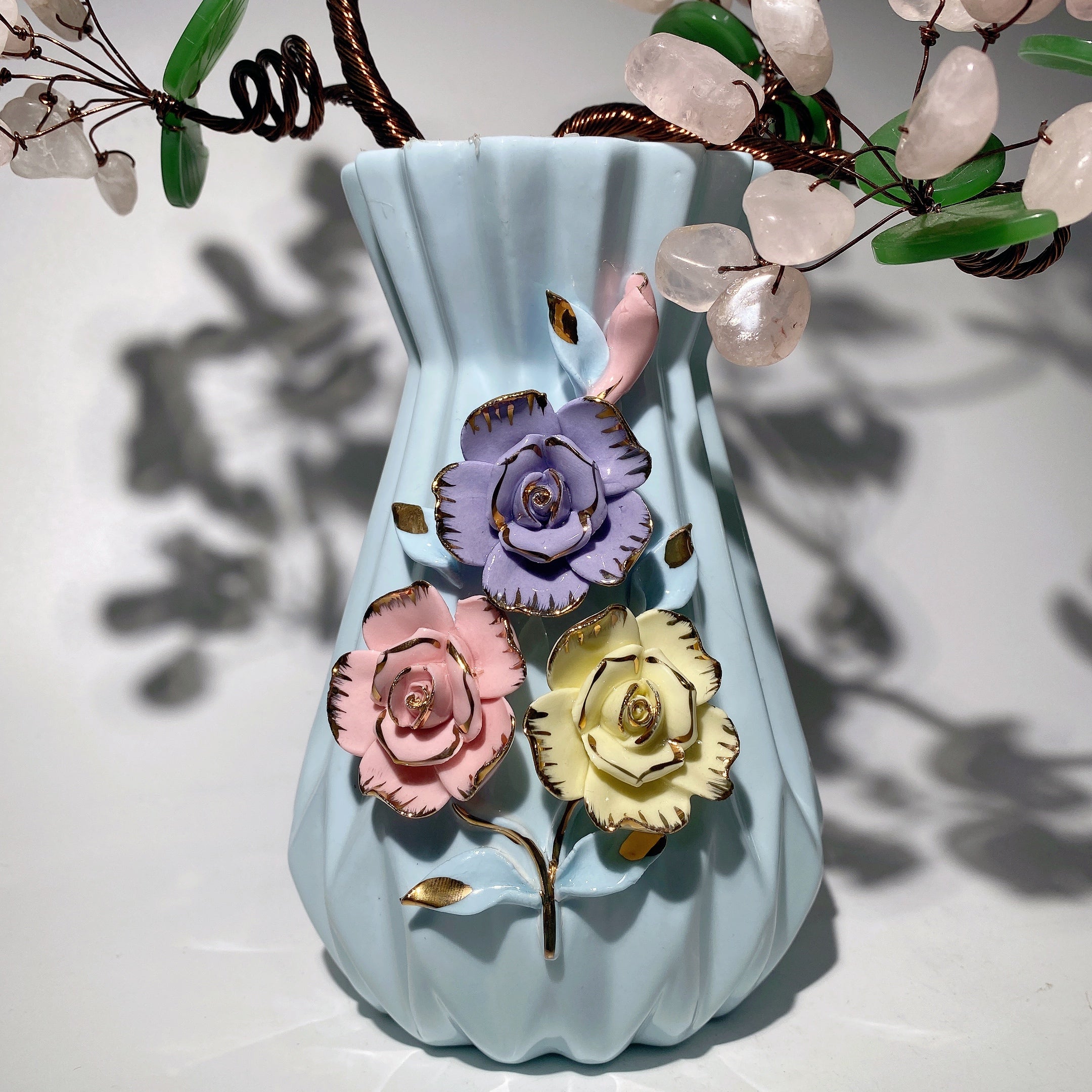 35cm Ceramic Vase with Rose Quartz Flower | Zen Decor