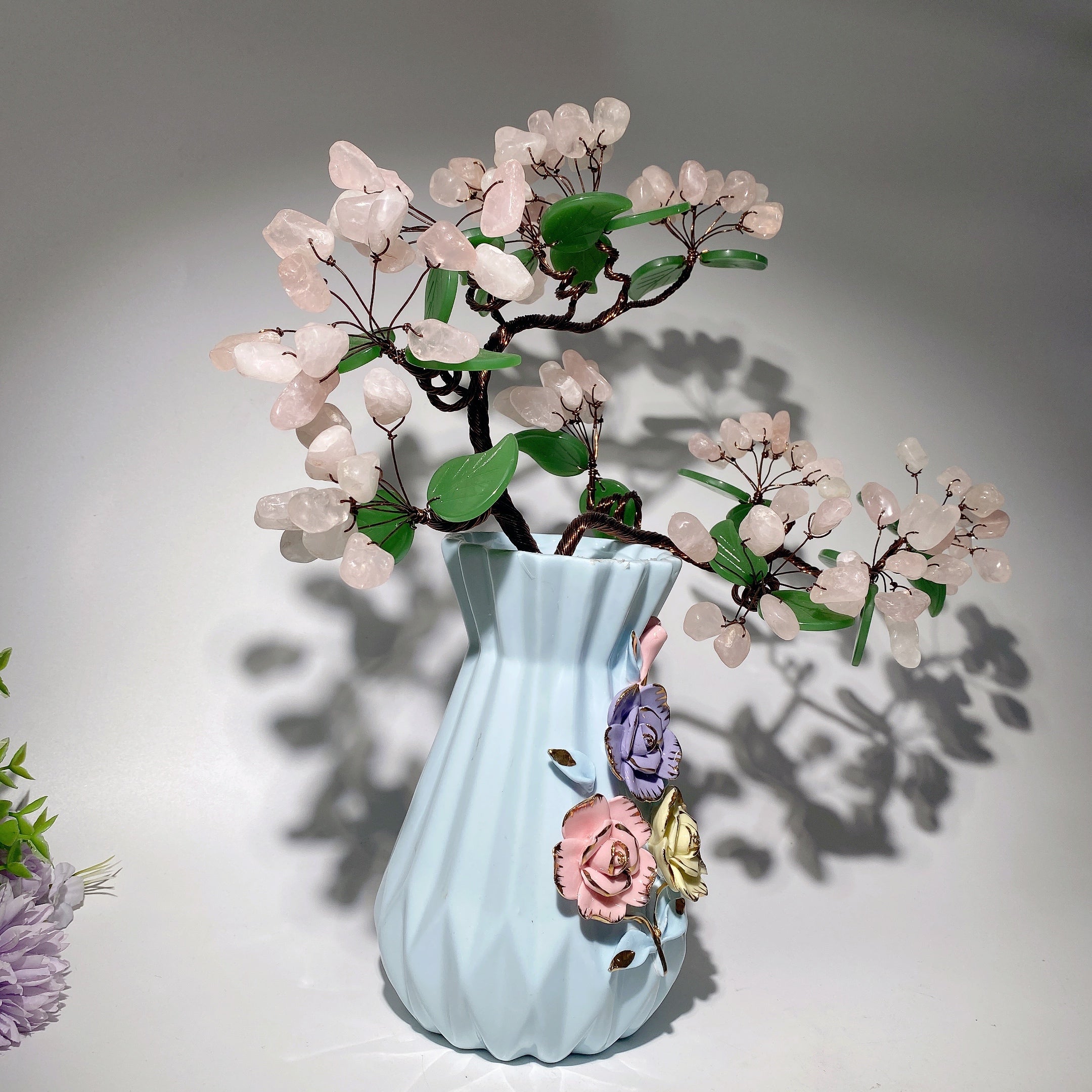 35cm Ceramic Vase with Rose Quartz Flower | Zen Decor