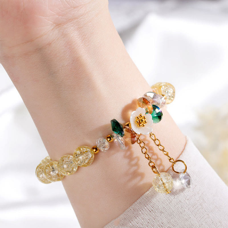 Spiritual Glass Bead Bracelet with Flower Charm for Protection