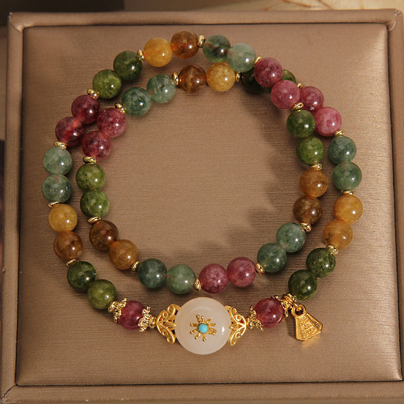 Multicolored Tourmaline Jade Flower Double Wrap Bracelet