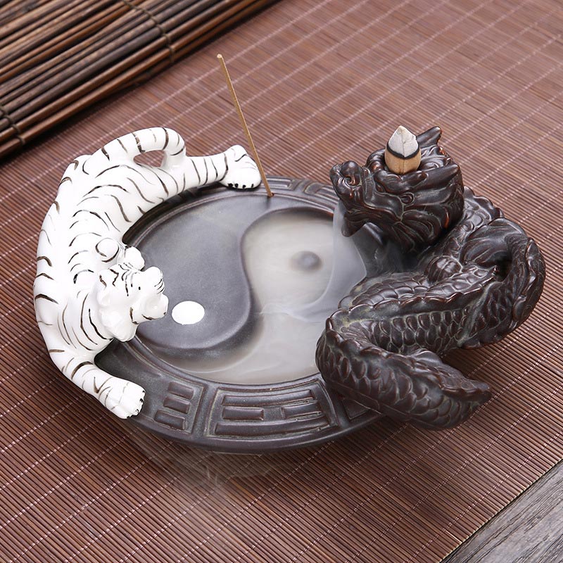 Ceramic Tiger Dragon Backflow Incense Burner for Meditation