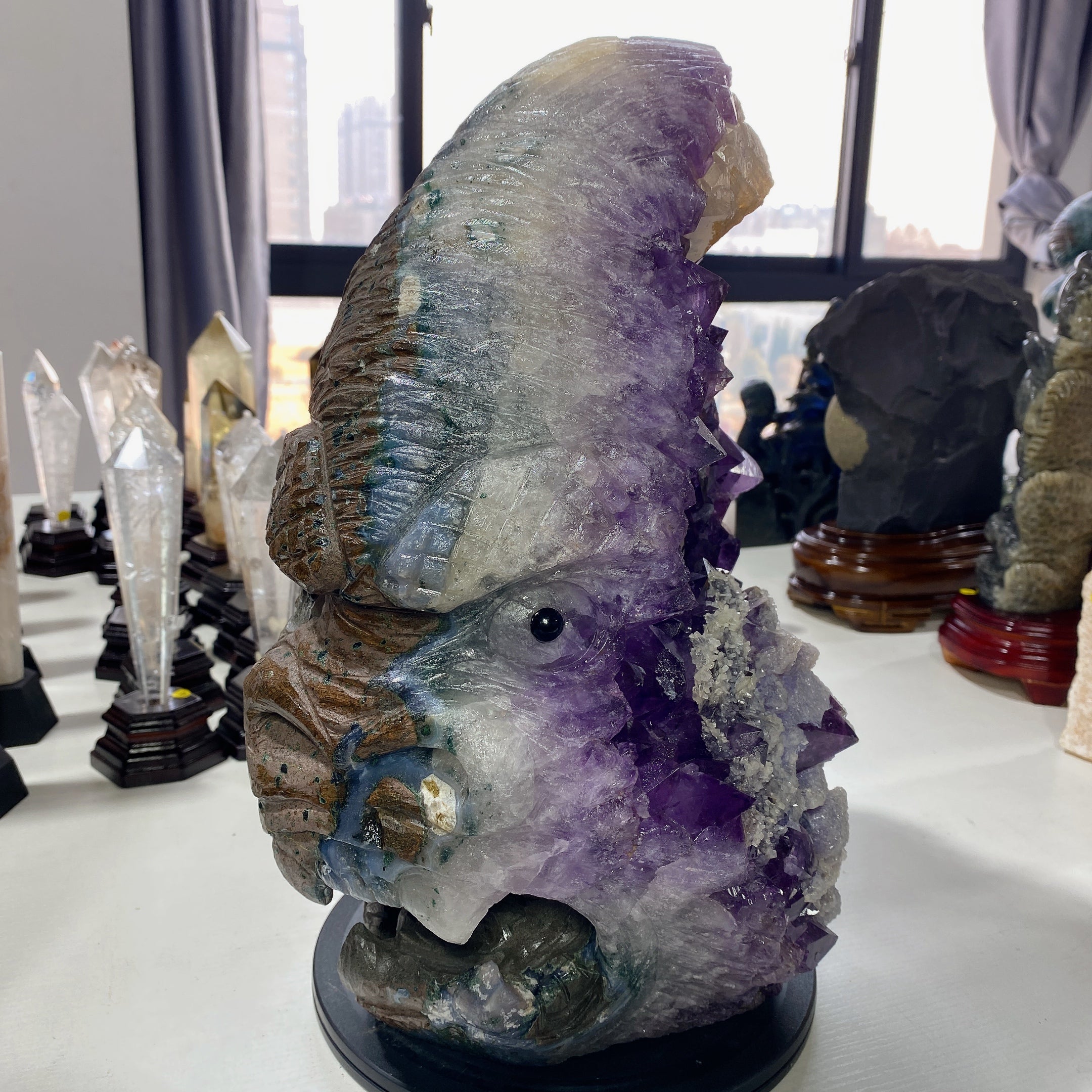36cm Amethyst Crystal Figurine Kong Kim Carving