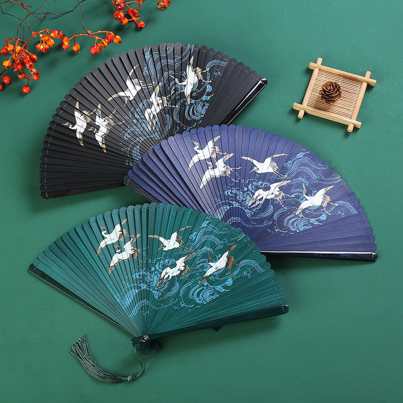 Vintage Chinese Bamboo Folding Fan | Crane & Maple Leaf 18.5cm