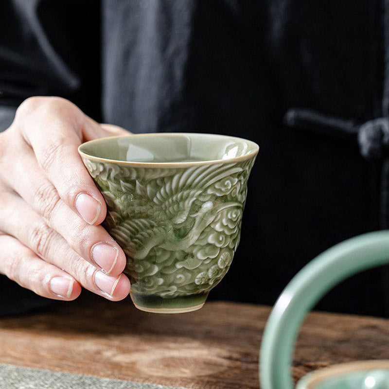 Ceramic Crane Pine Teacup 80ml | Zen Decor Cup