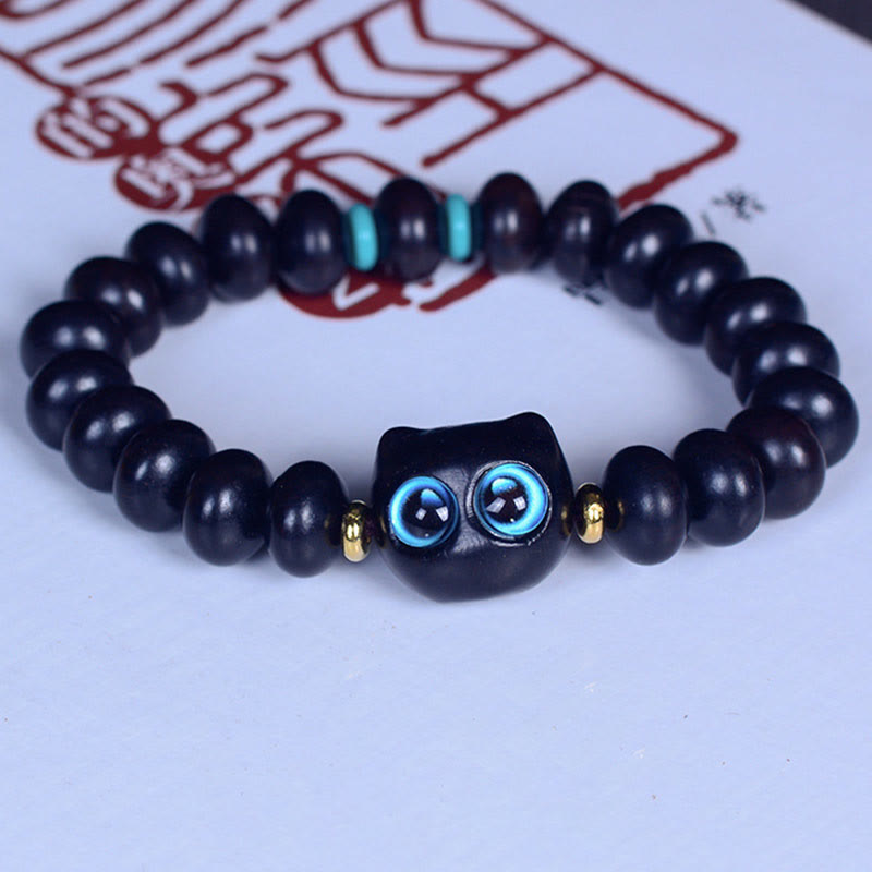 Ebony Wood Peace & Balance Bracelet with Cat Motif