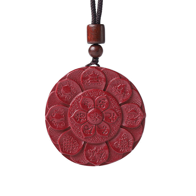 Natural Cinnabar Lotus Om Mani Padme Hum Pendant Necklace | Protection