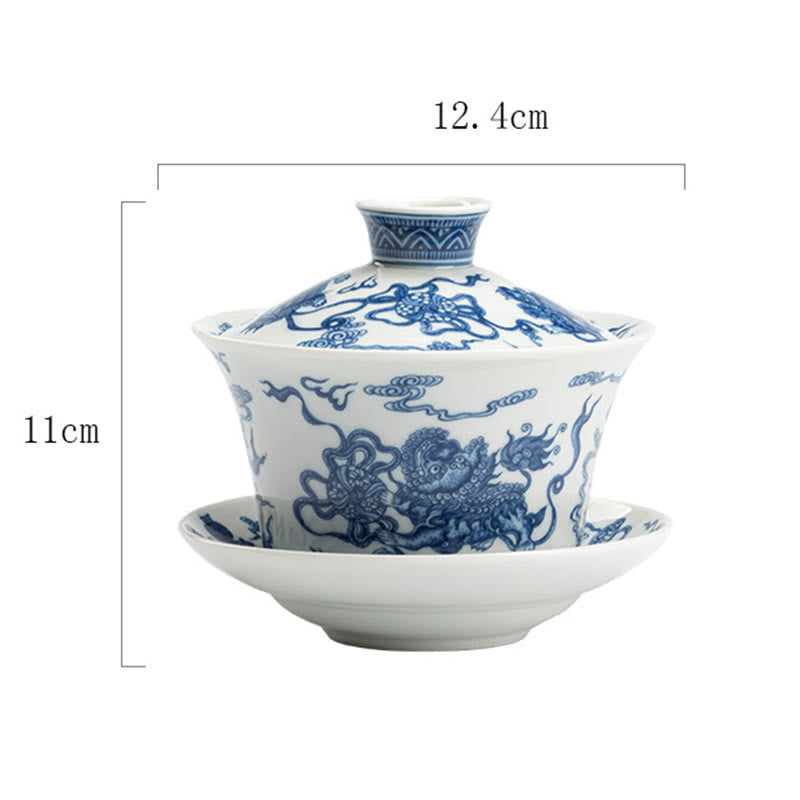 Lion Dance Ceramic Gaiwan Tea Cup 300ml with Lid & Saucer